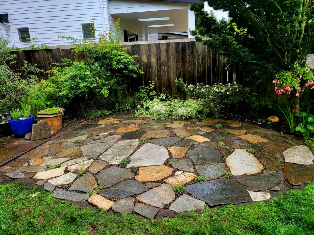 stonework, pavers, gravel, patio, walkway, pathway, bark, native plants