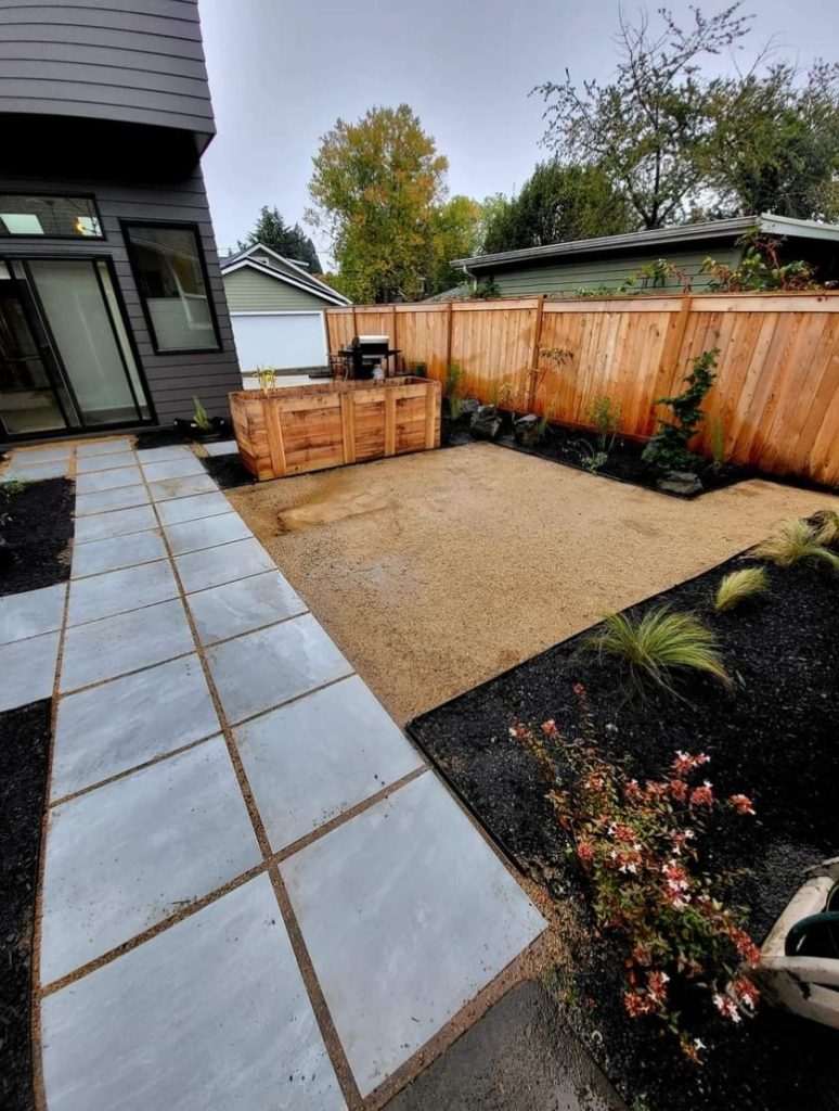 pavers, walkway, pathway, patio, bocce ball, planter boxes, planting, bark