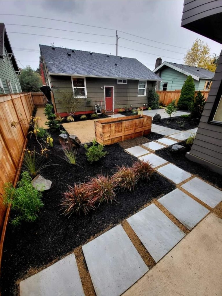 pavers, walkway, pathway, patio, bocce ball, planter boxes, planting, bark