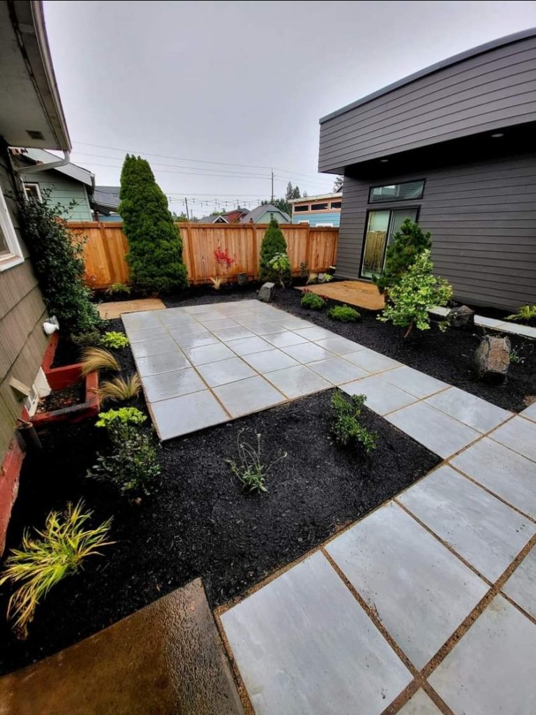 pavers, walkway, pathway, patio, bocce ball, planter boxes, planting, bark